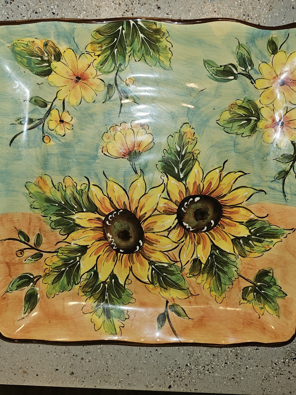 Source Unknown Yellow and Green Sunflower Ceramic Serving Platter